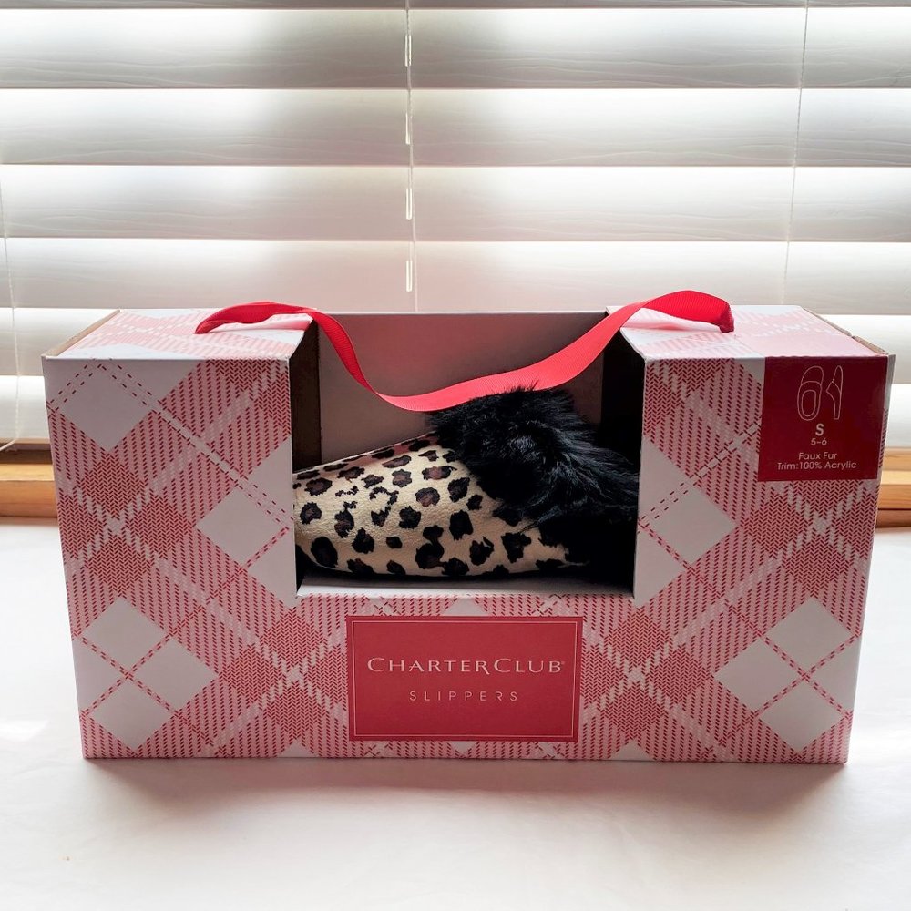 NIB Sz S 5-6 Charter Club Faux Fur Leopard Slipper